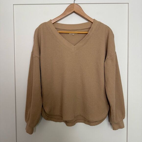 Madewell Sweaters - Madewell Top Womens Sz S Brown Waffle Knit Thermal V Neck Long Sleeve Oversized